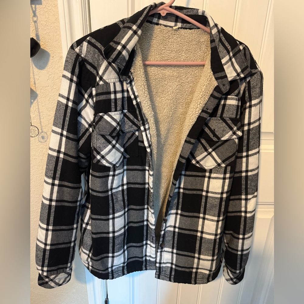Black and White Plaid Sherpa Jacket